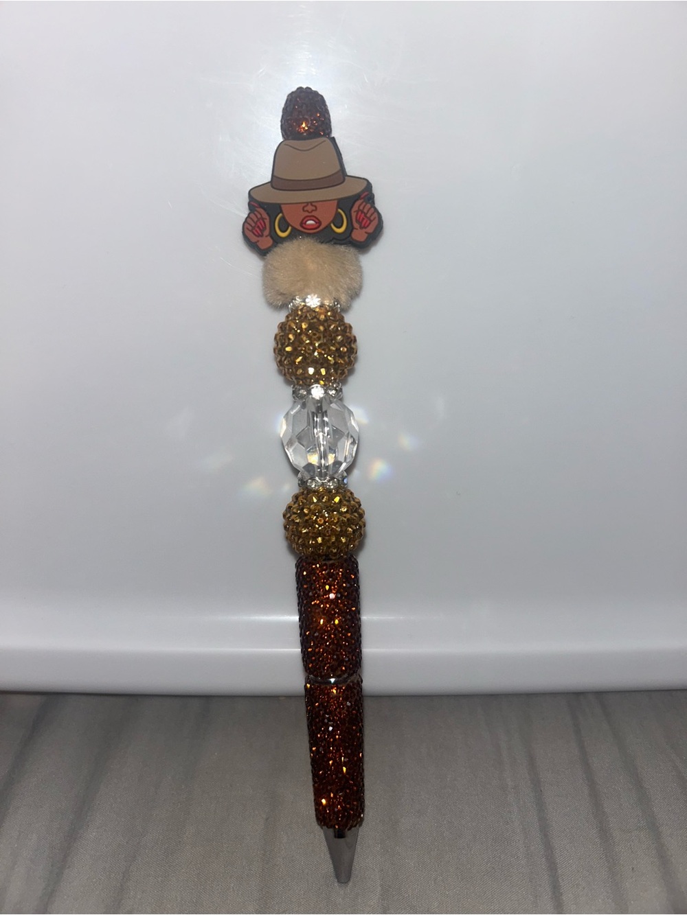 Hand Crafted Brown Gold Glitter Beaded Pen with Crystal Accents